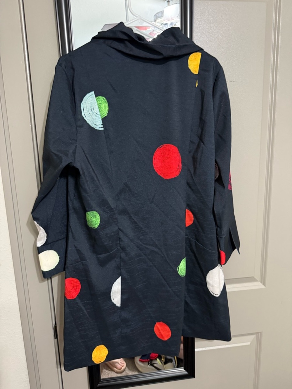 Samuel Dong Black Hooded Coat with Multicolor Circle Appliqués